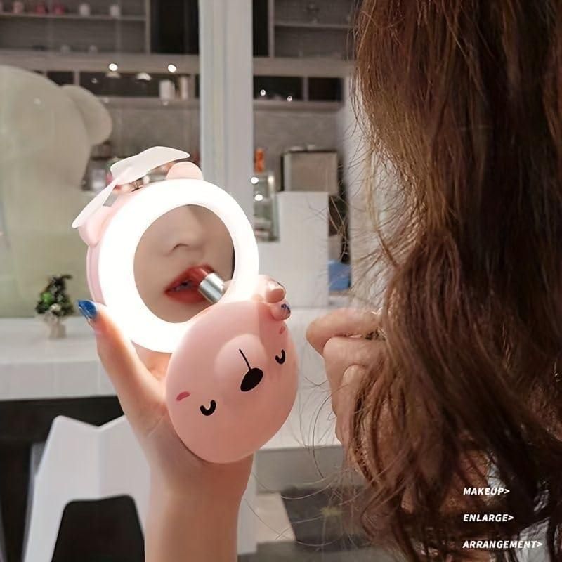 Cartoon Pig LED Mirror Pocket Fan – Rechargeable & Portable