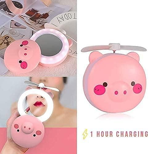 Cartoon Pig LED Mirror Pocket Fan – Rechargeable & Portable