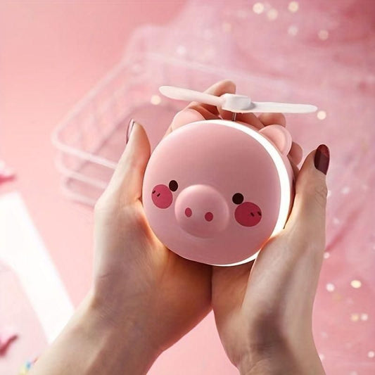 Cartoon Pig LED Mirror Pocket Fan – Rechargeable & Portable