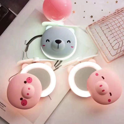 Cartoon Pig LED Mirror Pocket Fan – Rechargeable & Portable